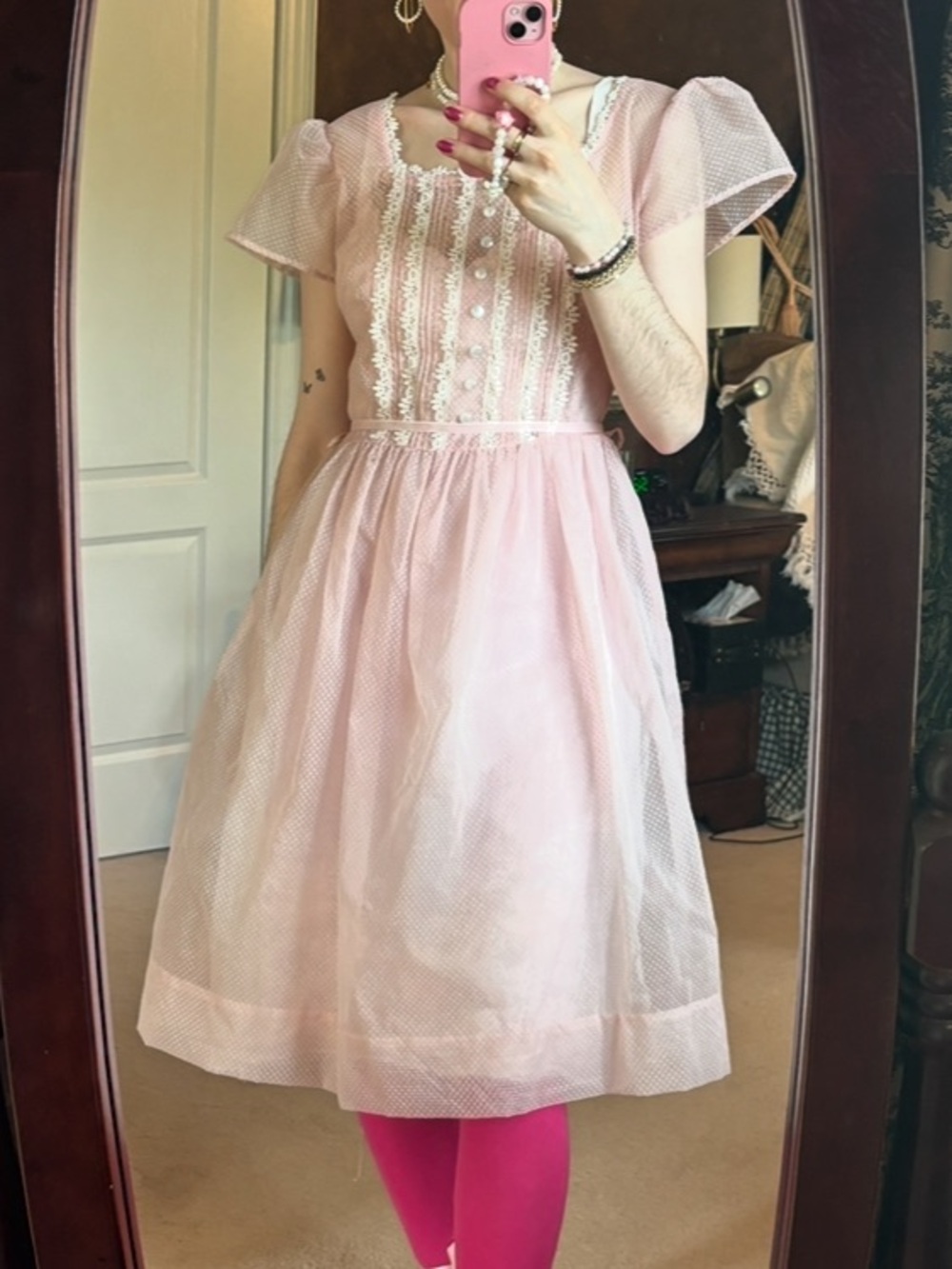 1950s Pink Lace Overlay Dress